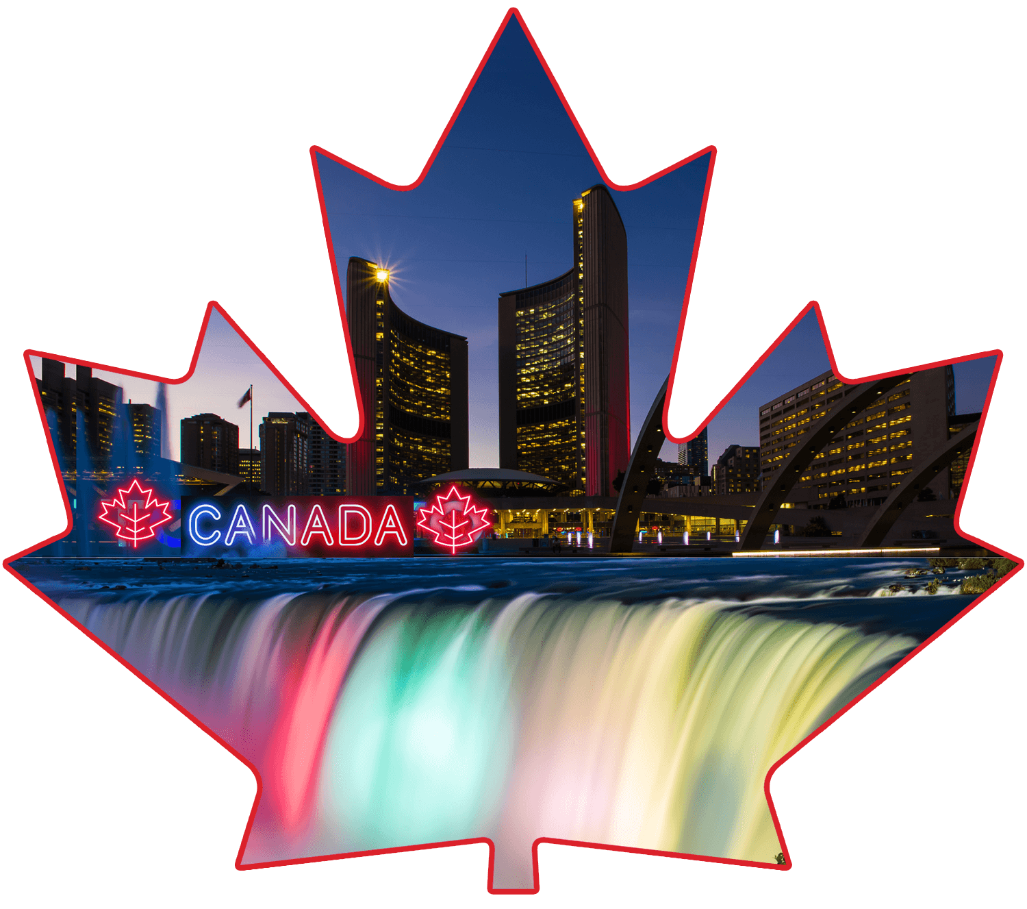 A picture of the canadian flag and a city.